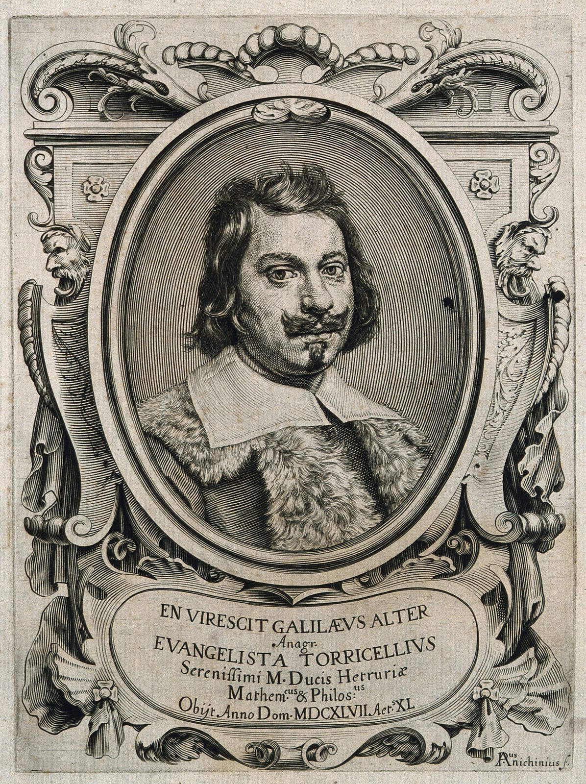 Portrait or photograph of Evangelista Torricelli: Evangelista Torricelli. Line engraving by P. Anichinius. Iconographic Collections Keywords: portrait prints; e