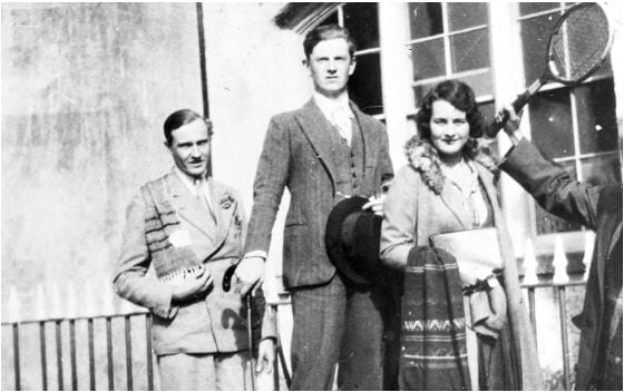 Work or historical image connected to Evelyn Waugh: Evelyn Waugh, centre, with Alastair Graham and Elizabeth Harman (the future Lady Elizabeth Longford), in 193