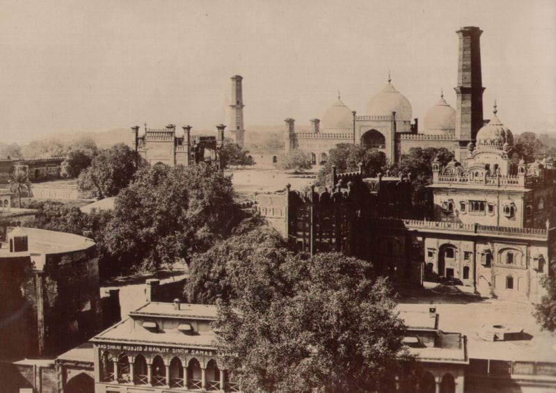 Memorial or place connected to Faiz Ahmed Faiz: The Badshahi Masjid (or Mosque), the Lahore Fort (or Qila), and the (much later) tomb (Samadhi) of Ranjit Singh,
