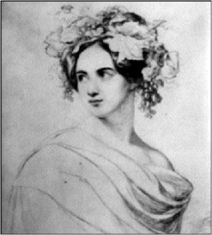 Portrait or photograph of Fanny Mendelssohn: Drawing by Wilhelm Hensel, depicting his wife Fanny, wearing a dress and a flower crown on her head.