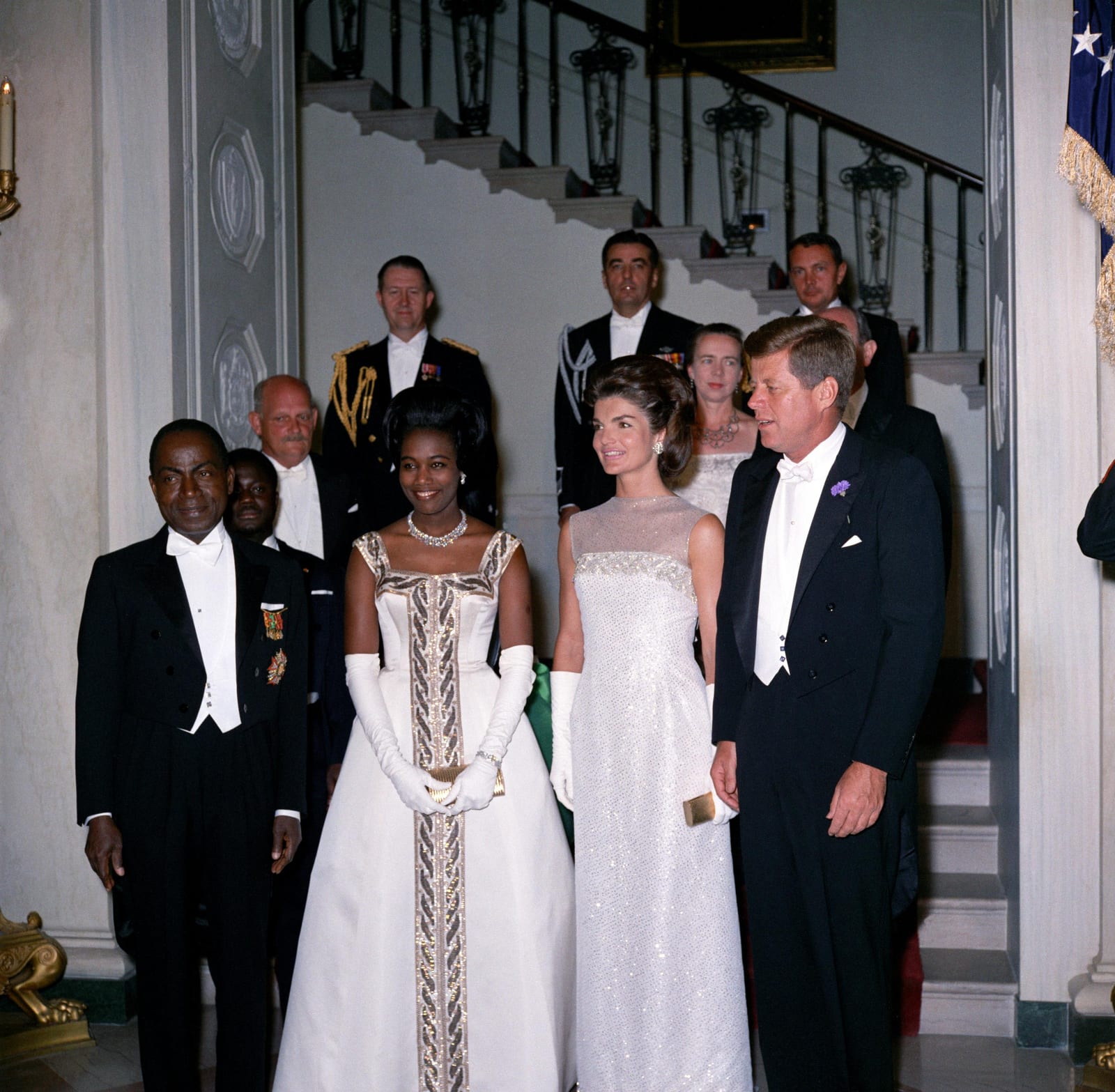 Image connected to Felix Houphouet-Boigny: White House reception on May 22 1962. Front row, left to right: Côte d'Ivoire President Félix Houphouët-Boigny , his