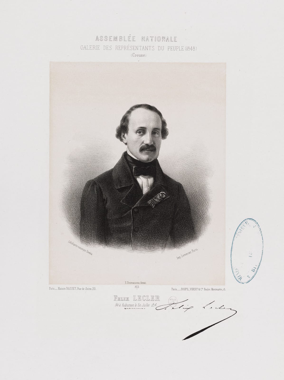 Portrait or photograph of Felix Leclerc: Auteur(s): Devéria, Achille (Paris, 06–02–1800 - Paris, 23–12–1857), dessinateur-lithographe Imprimerie Lemercier, impr