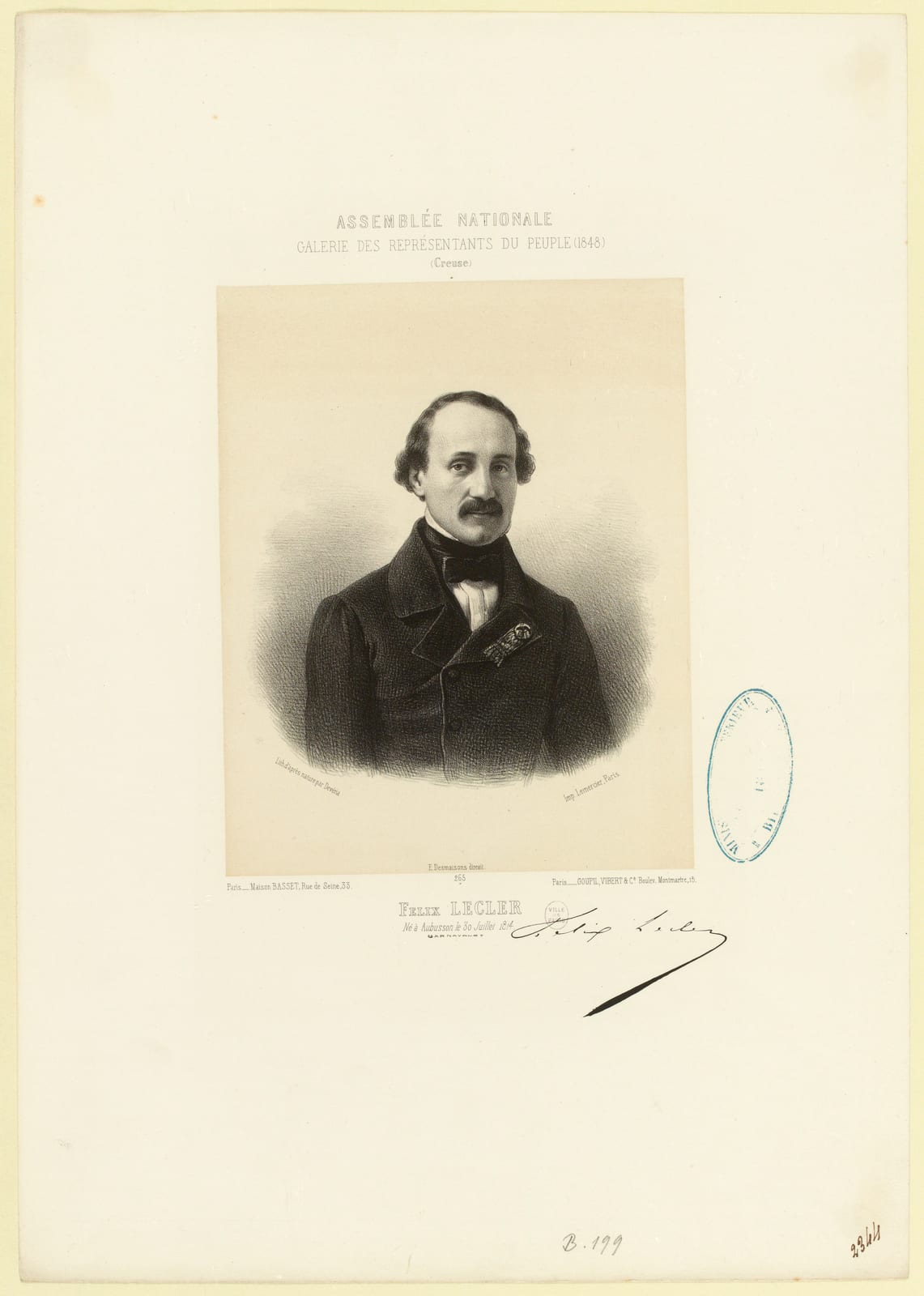 Portrait or photograph of Felix Leclerc: Auteur(s): Devéria, Achille (Paris, 06–02–1800 - Paris, 23–12–1857), dessinateur-lithographe Imprimerie Lemercier, impr