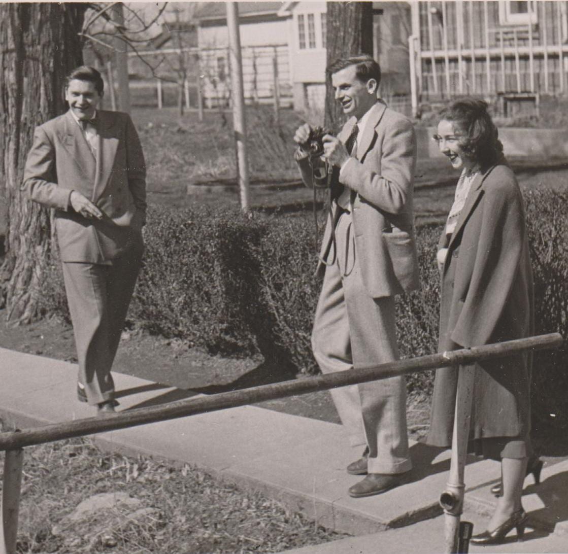 Portrait or photograph of Flannery O'Connor: Robie Macauley with Arthur Koestler and Flannery O'Connor at Amana Colonies in Iowa, 9 Oct 1947.