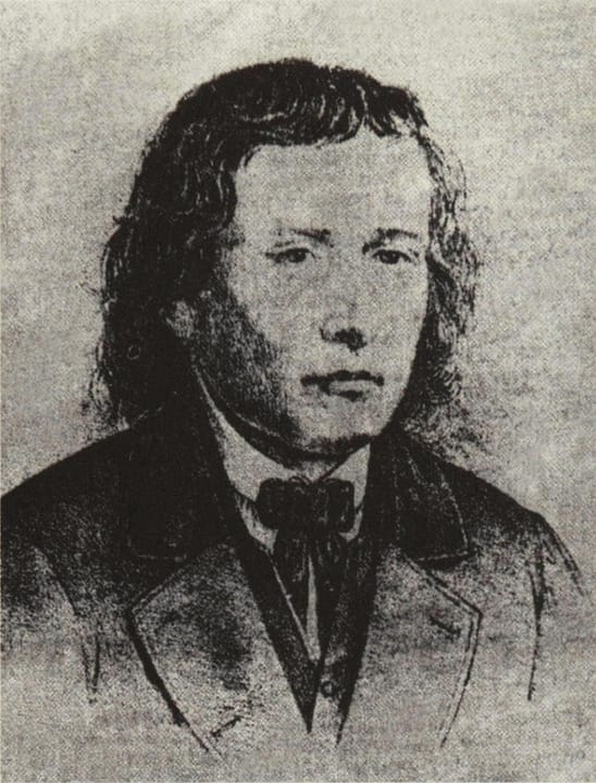 Portrait or photograph of France Prešeren: A lithograph of France Prešeren, published in the 1866 edition of Prešeren's Poems (the so-called Wagner's Lithograph
