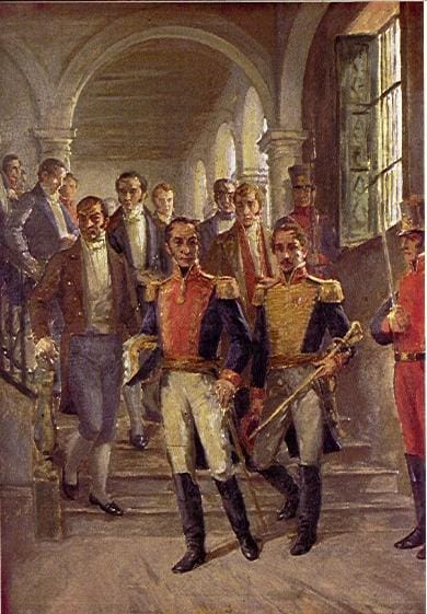 Portrait or photograph of Francisco de Paula Santander: Simón Bolivar , Francisco de Paula Santander y otros proceres de la independencia saliendo del Congreso