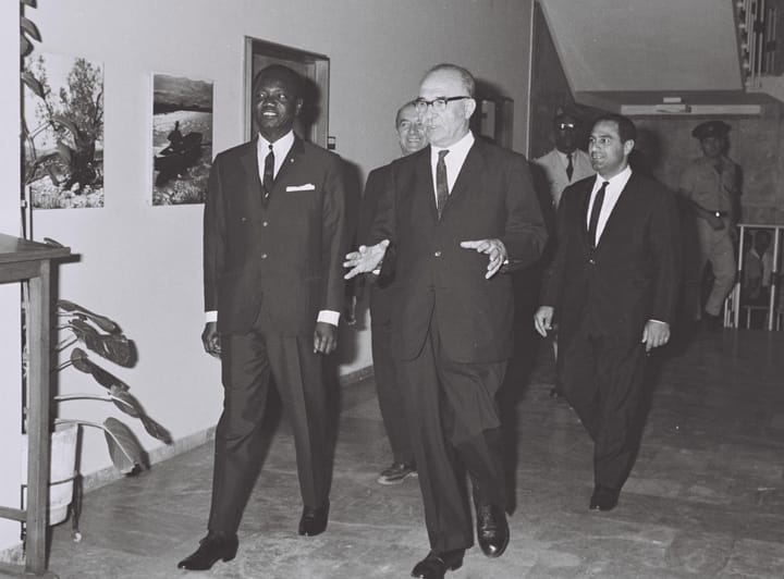 Portrait or photograph of Francois Tombalbaye: President of Chad François Tombalbaye and Prime Minister of Israel Levi Eshkol at the Prime Minister's Office, Se