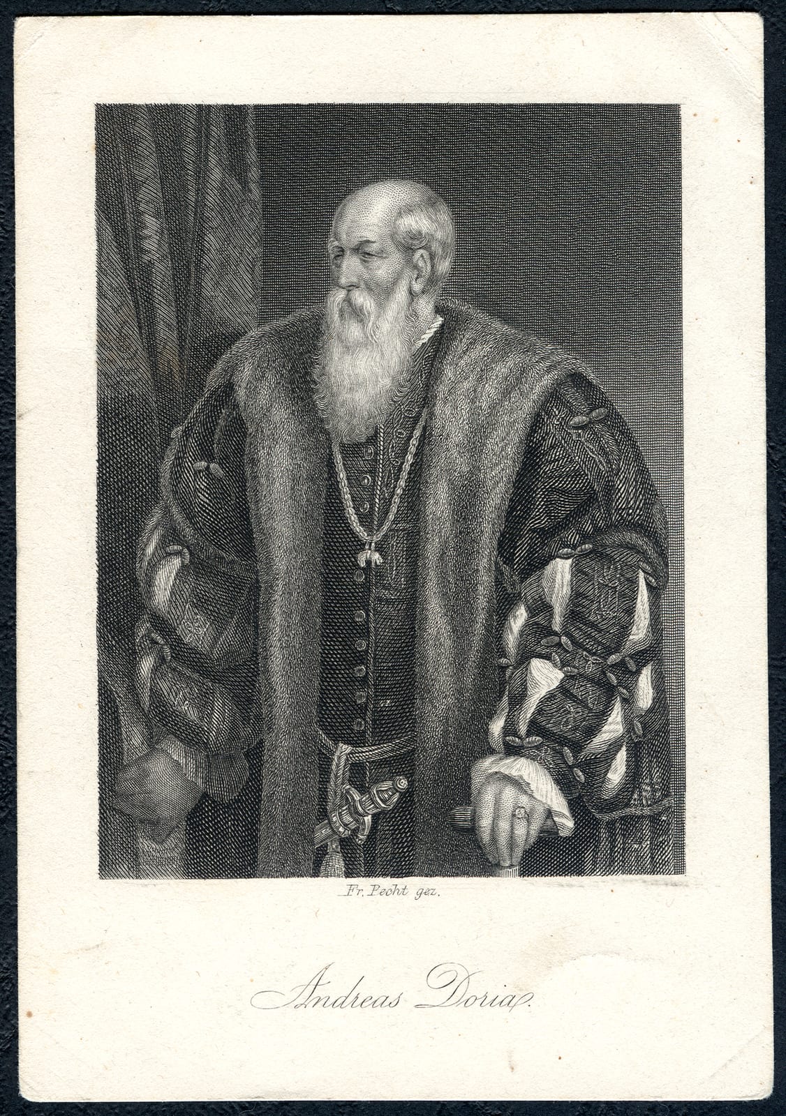 Portrait or photograph of Friedrich Schiller: Andreas Doria aus Friedrich Schillers Die Verschwörung des Fiesco zu Genua , als Stahlstich gestochen von Georges