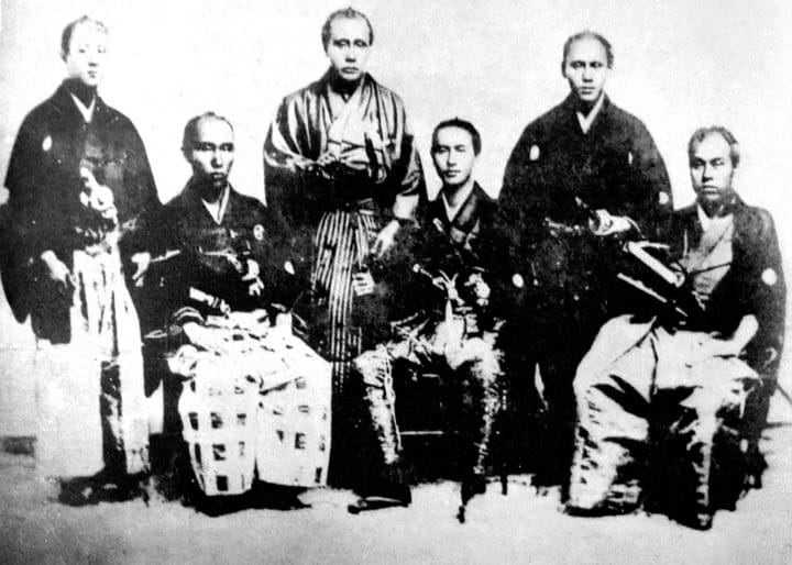 Portrait or photograph of Fukuzawa Yukichi: Sailors of the Kanrin Maru, the Embassy's escort; from right, Fukuzawa Yukichi, Okada Seizō, Hida Hamagorō, Konagai