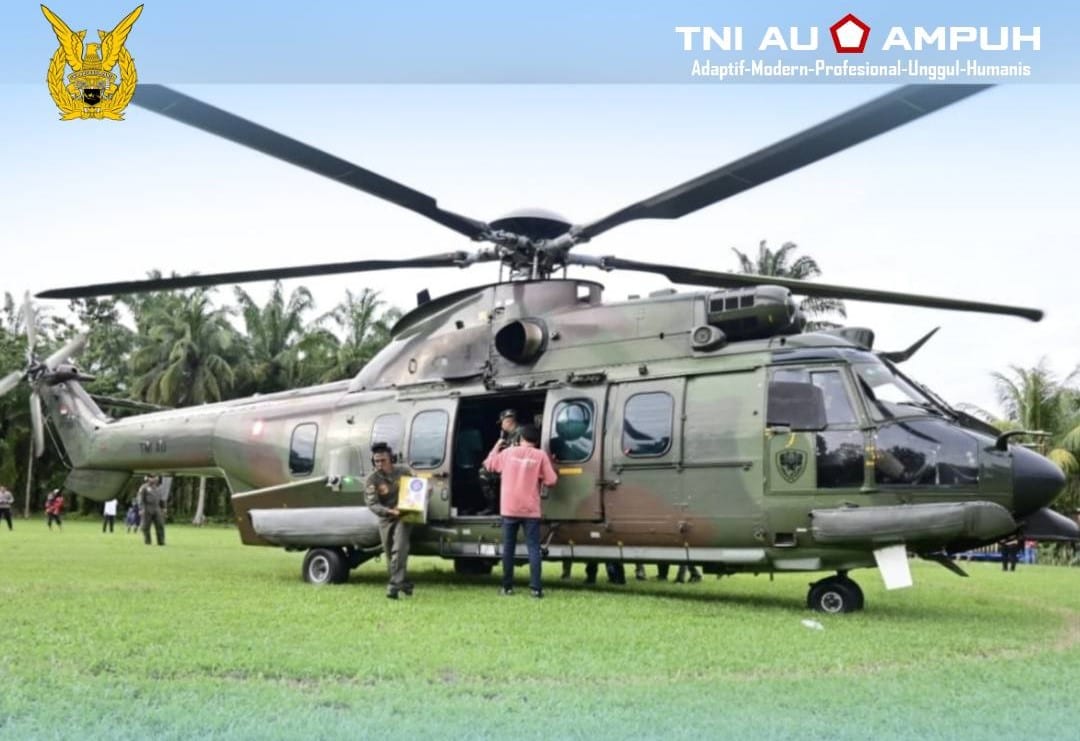 Portrait or photograph of Gajah Mada: An Indonesian Air Force H225M Caracal helicopter "HT-7206" was deployed to carry out aerial surveillance missions, distrib