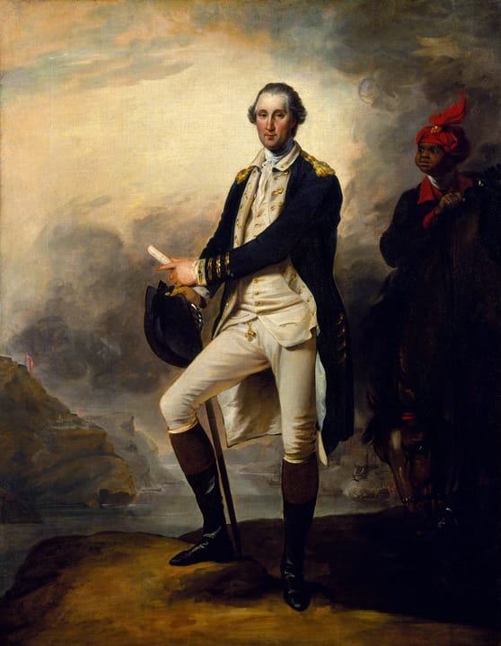 Portrait or photograph of George Washington: In this portrait of George Washington , he is shown standing on a bluff above the Hudson River with his enslaved pe