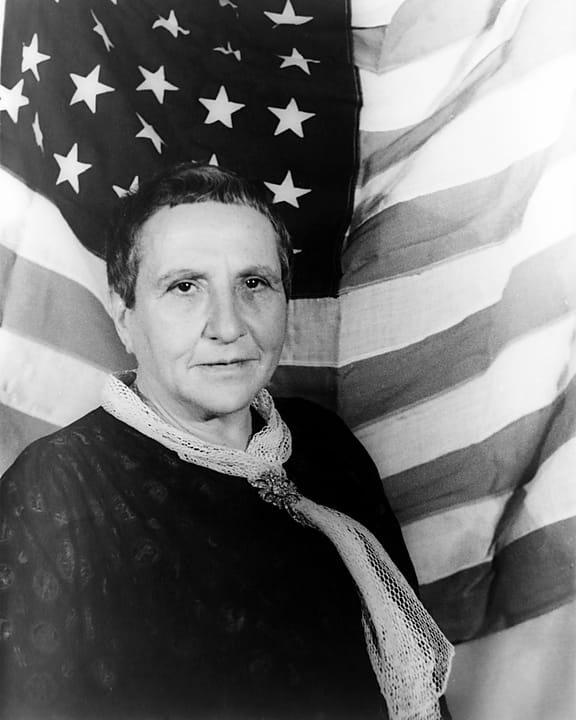 Portrait or photograph of Gertrude Stein: Portrait of Gertrude Stein, with American flag as backdrop
