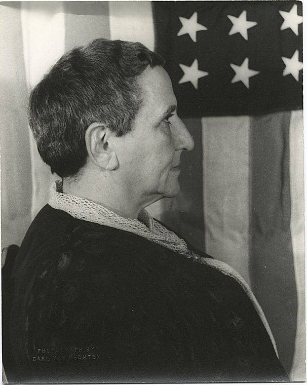 Portrait or photograph of Gertrude Stein: Portrait of Gertrude Stein, with American flag as backdrop (1935 January 4)
