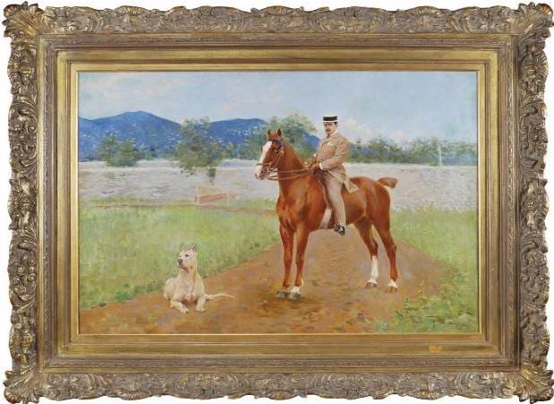 Portrait or photograph of Giacomo Puccini: Giacomo Puccini on his horse at the Torre del Lago, oil on canvas, signed,dated (lower right) and framed. Described i