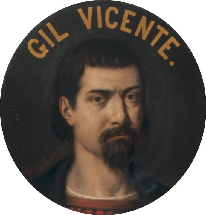 Portrait or photograph of Gil Vicente: Gil Vicente ( c.1465 – c. 1536), Portuguese playwright and poet. Portrait on the ceiling of the Great Hall of the City Ha