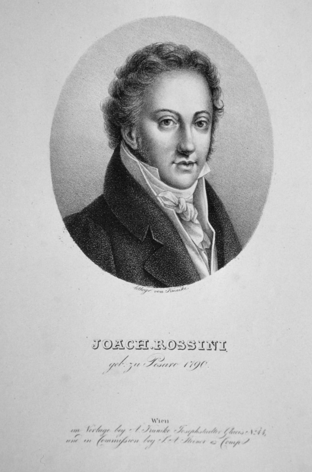 Portrait or photograph of Gioachino Rossini: Gioachino Rossini (1792-1868), italienischer Komponist. Lithographie von Adolph Friedrich Kunike, ca.1820