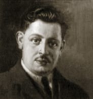 Portrait or photograph of Giuseppe Tomasi di Lampedusa: Der italienische Schriftsteller Giuseppe Tomasi di Lampedusa auf einem Ölgemälde seines Cusangs Casimiro