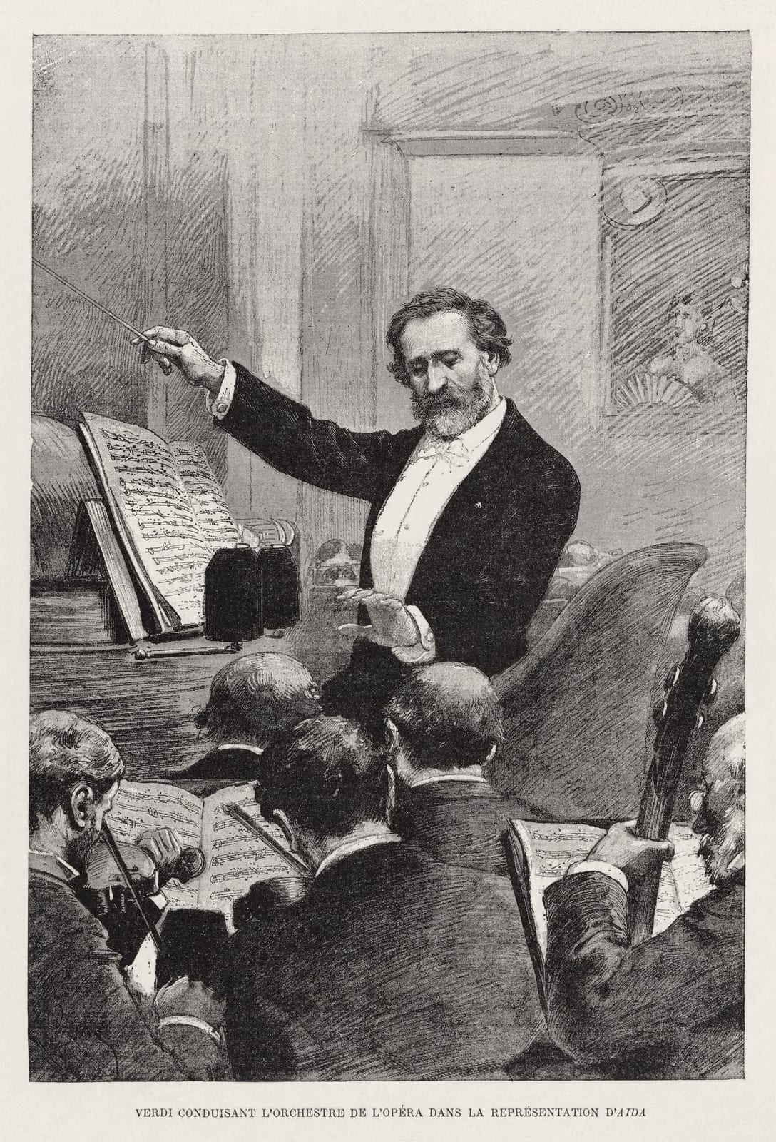 Portrait or photograph of Giuseppe Verdi: Giuseppe Verdi conducting the Paris Opera premiere of Aida (sung in French) at the Palais Garnier on 22 March 1880, dr