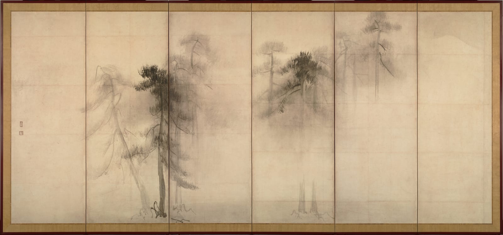 Portrait or photograph of Hasegawa Tohaku: Hasegawa Tohaku - Pine Trees (Shōrin-zu byōbu) - left hand screen