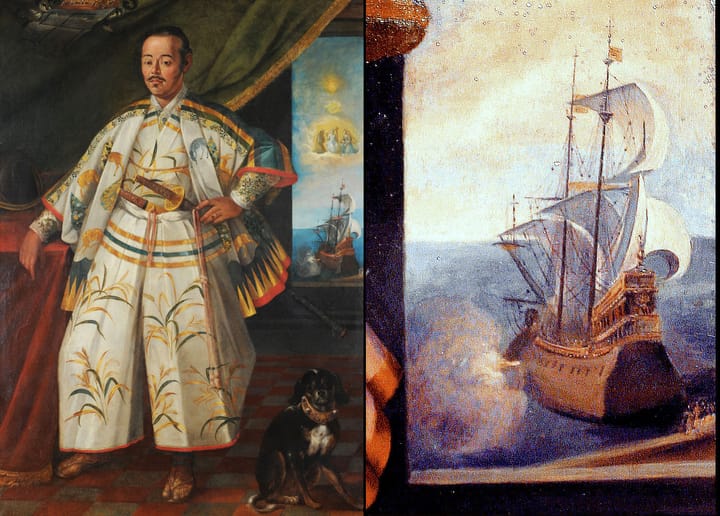 Portrait or photograph of Hasekura Tsunenaga: Painting of Hasekura Tsunenaga Right: personal photograph of the ship detail of the painting.