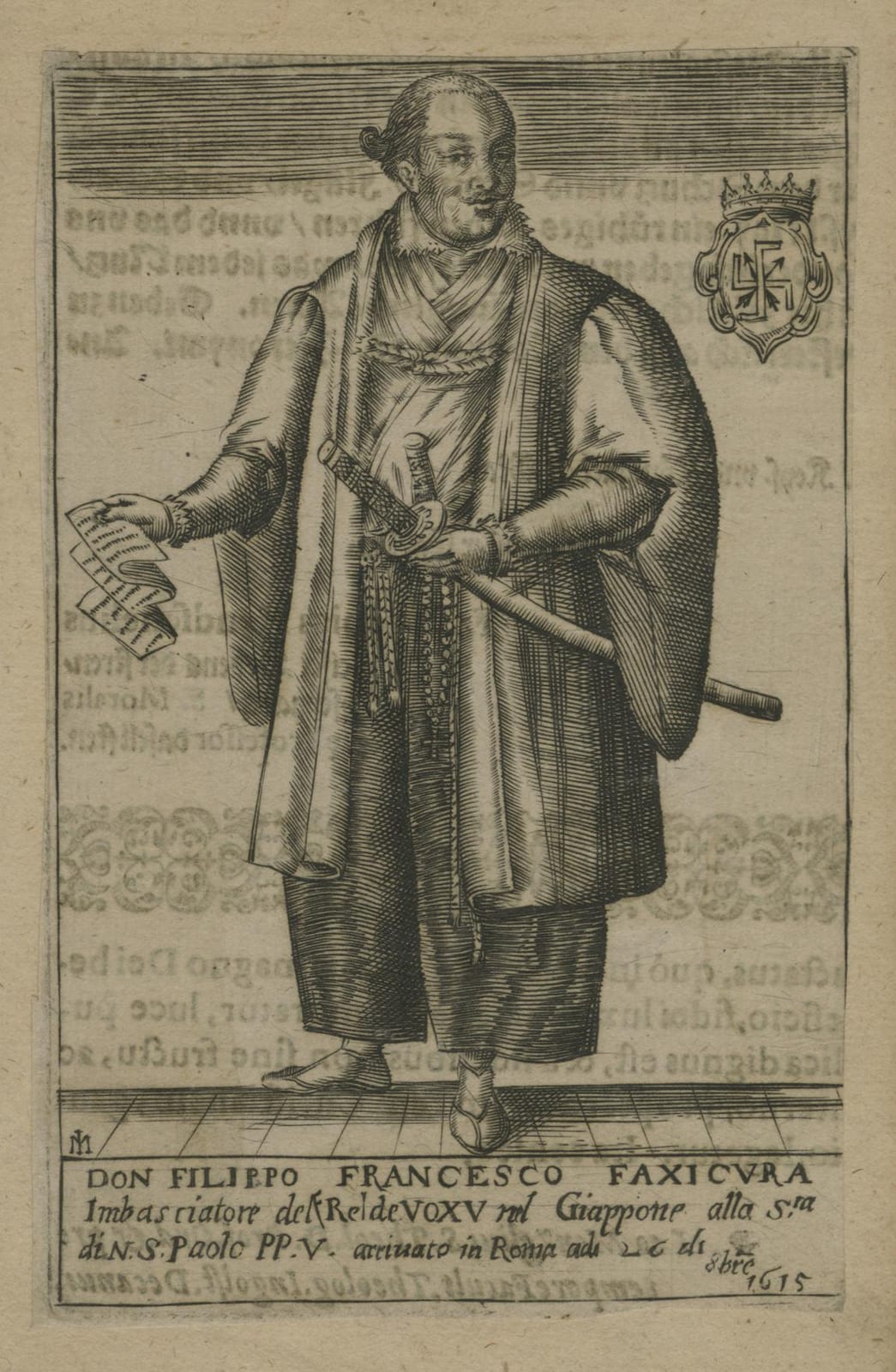 Portrait or photograph of Hasekura Tsunenaga: Portrait of Hasekura Tsunenaga, whole-length standing, in traditional Japanese kimono and hair, his left hand on s
