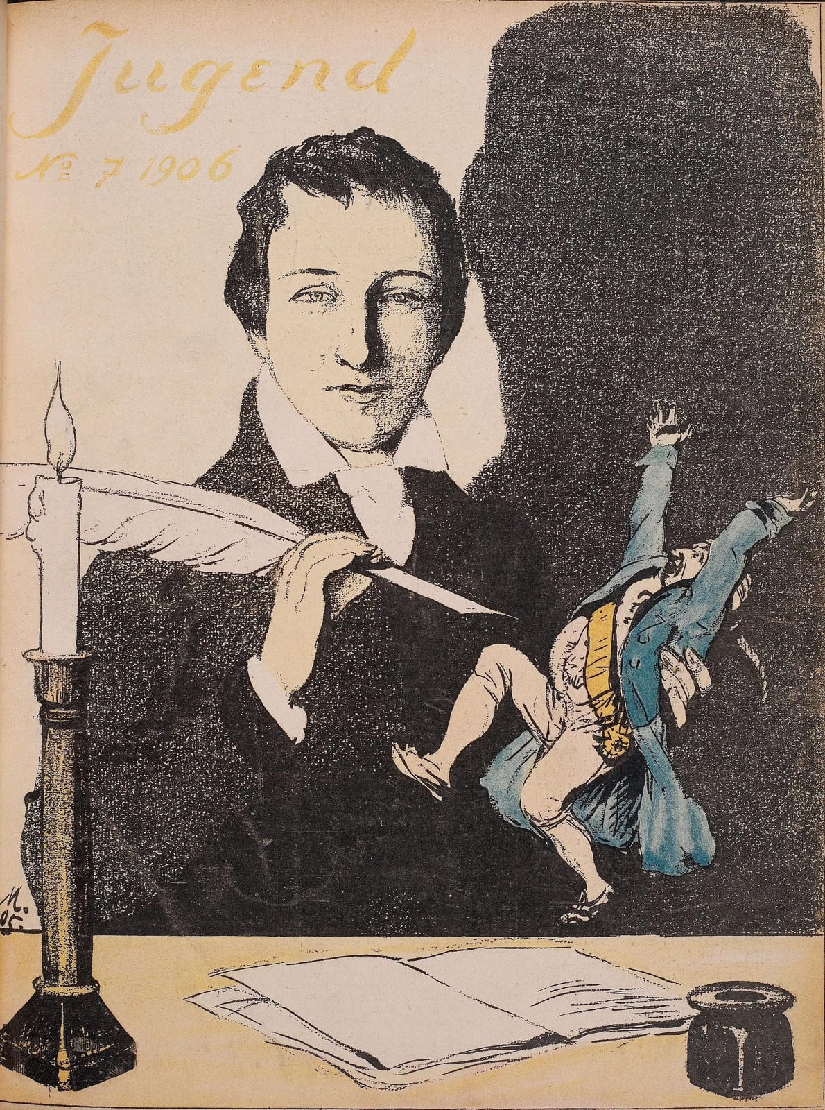 Portrait or photograph of Heinrich Heine: The front page of volume 7 of the 1906 Jugend magazine featured this illustration by Adolf Münzer, featuring Heinrich