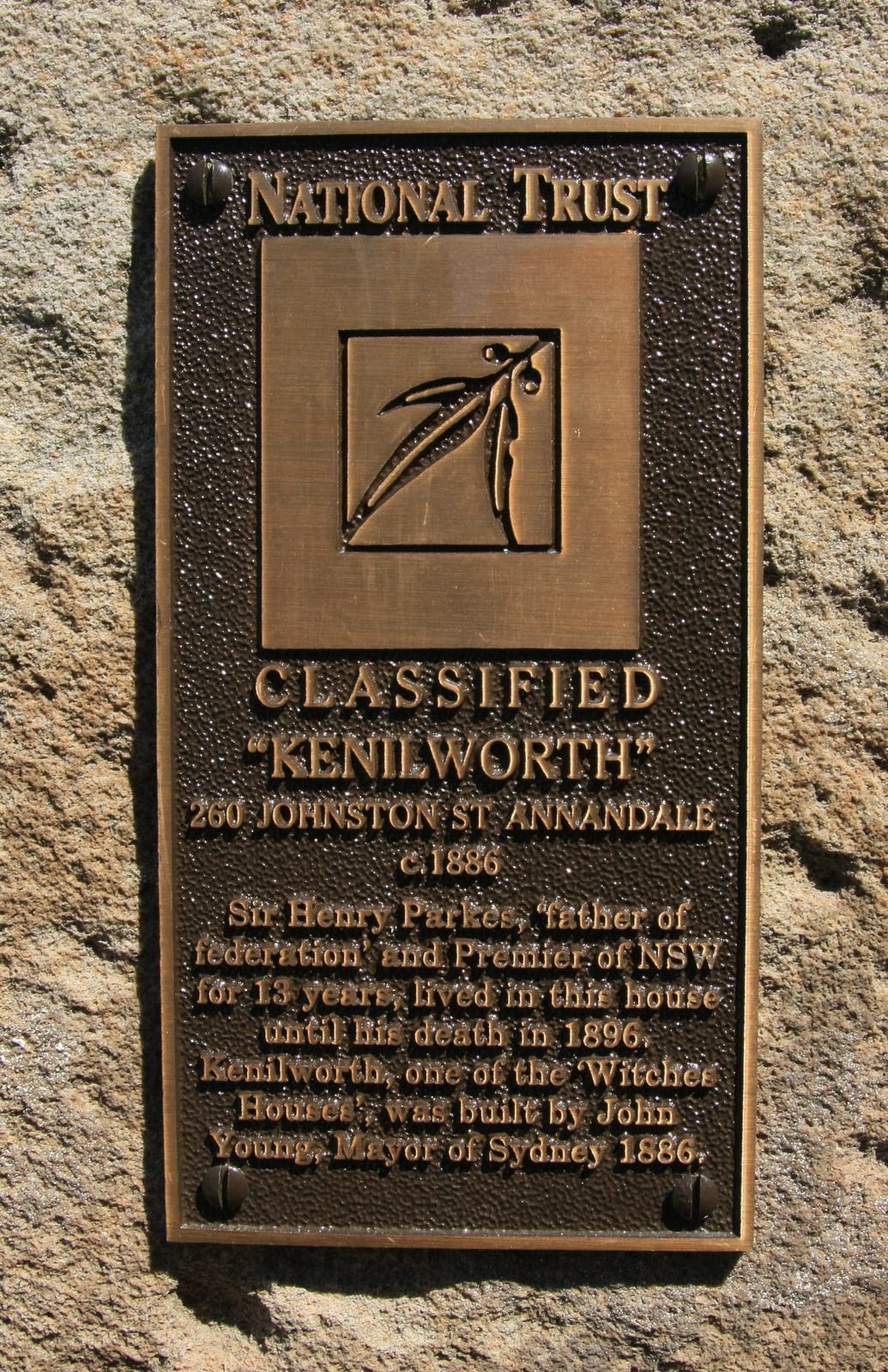 Memorial or place connected to Henry Parkes: Public plaque in Johnston St Annandale, Sydney, outside Kenilworth, formerly the house of Sir Henry Parkes