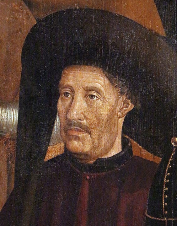 Portrait or photograph of Henry the Navigator: Detail of standing man with moustache and Burgundian-style chaperon in the "Panel of the Prince" (third panel of