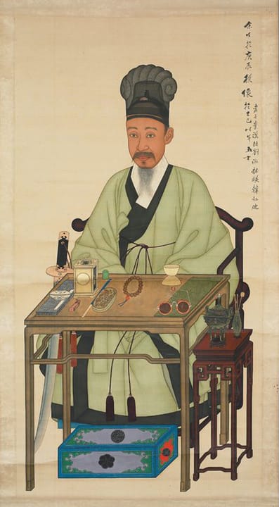 Portrait or photograph of Heungseon Daewongun: Portrait of Heungseon Daewongun, Yi Haeung wearing Waryonggwan and Hakchangui