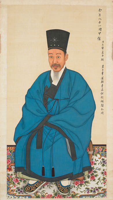 Portrait or photograph of Heungseon Daewongun: Portrait of Heungseon Daewongun, Yi Haeung wearing Bokgeon and Simeui