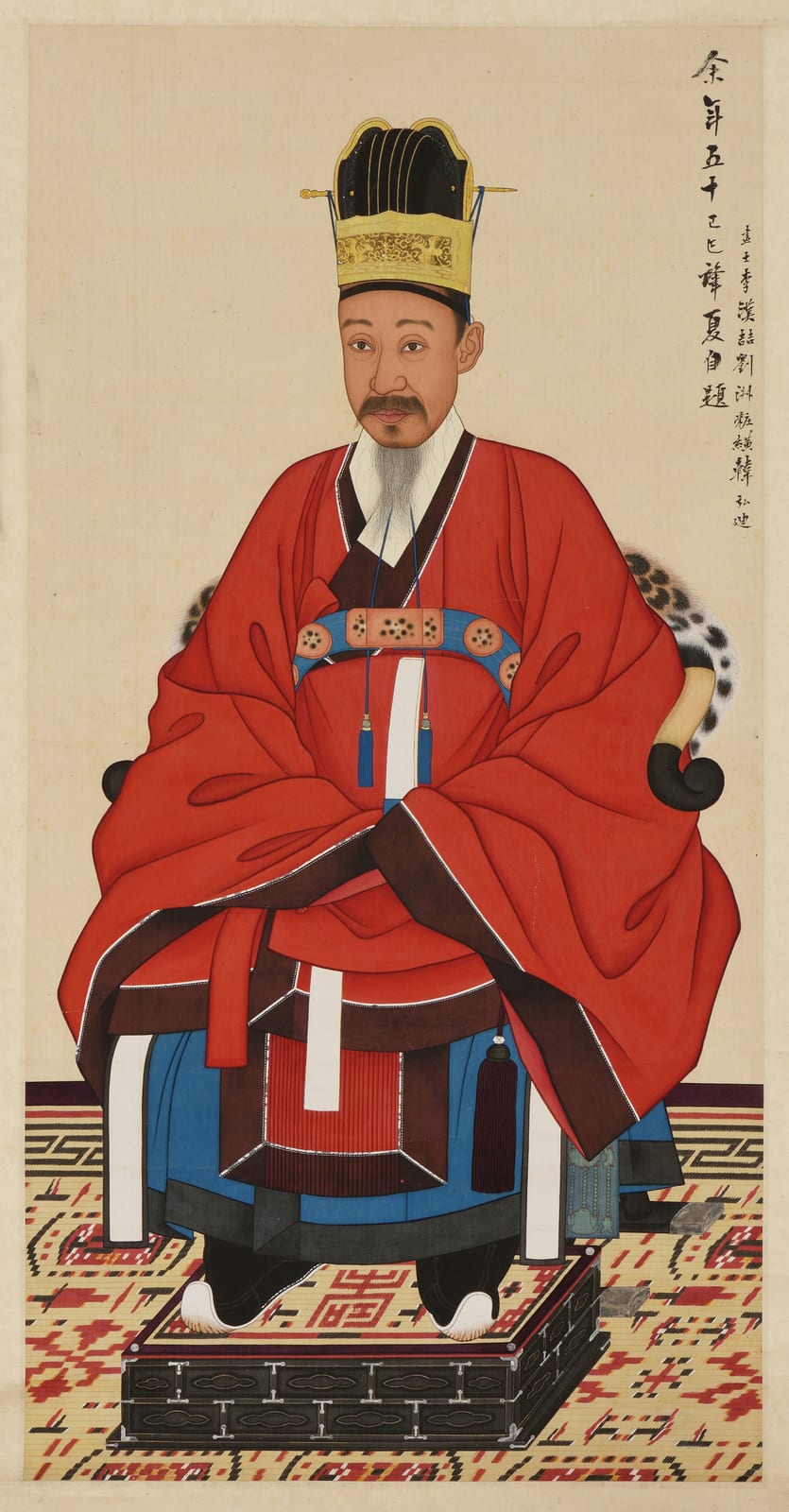 Portrait or photograph of Heungseon Daewongun: Portrait of Heungseon Daewongun, Yi Haeung wearing Geumgwan and Jobok