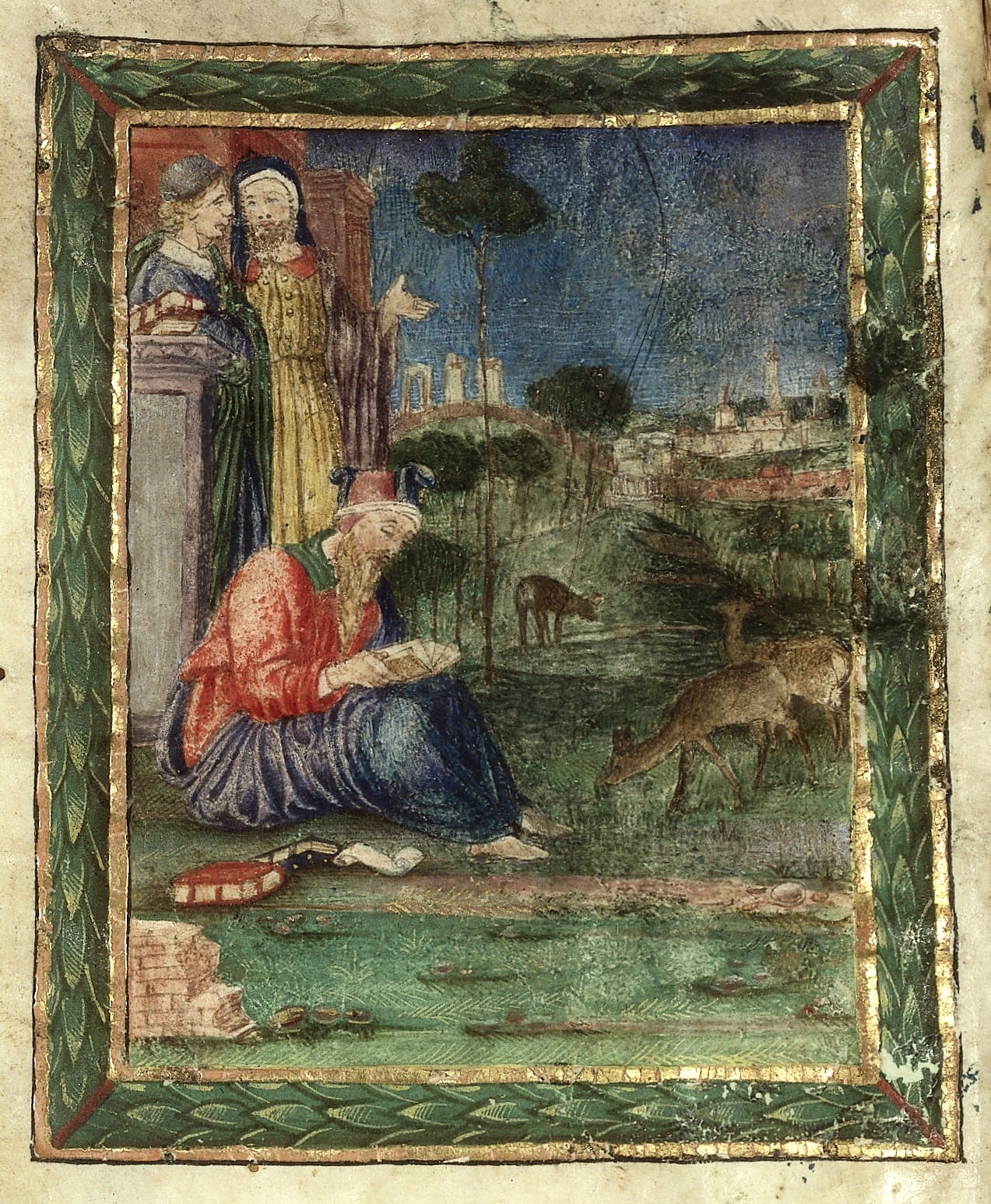 Portrait or photograph of Hippocrates: Miniature painting, portrait of Hippocrates sitting, reading. Behind, two standing philosophers dispute. Opening illustra