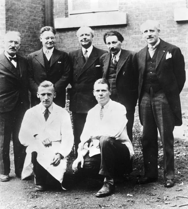 Portrait or photograph of Howard Florey: Group portrait(back row, left to right) Selman Waksman, Howard Florey, Jacques Tréfouël, Ernst Boris Chain, Andre Grati