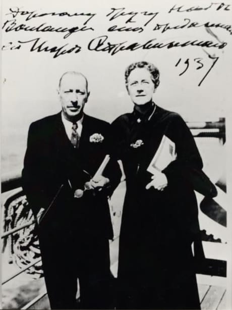 Portrait or photograph of Igor Stravinsky: Igor Stravinsky (1882-1971) and Nadia Boulanger (1887-1979) on board a transatlantic steamer in 1937.