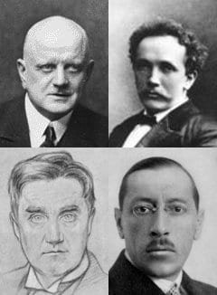Portrait or photograph of Igor Stravinsky: Composite image of Jean Sibelius (top left), Richard Strauss (top right), Ralph Vaughan Williams (bottom left), Igor