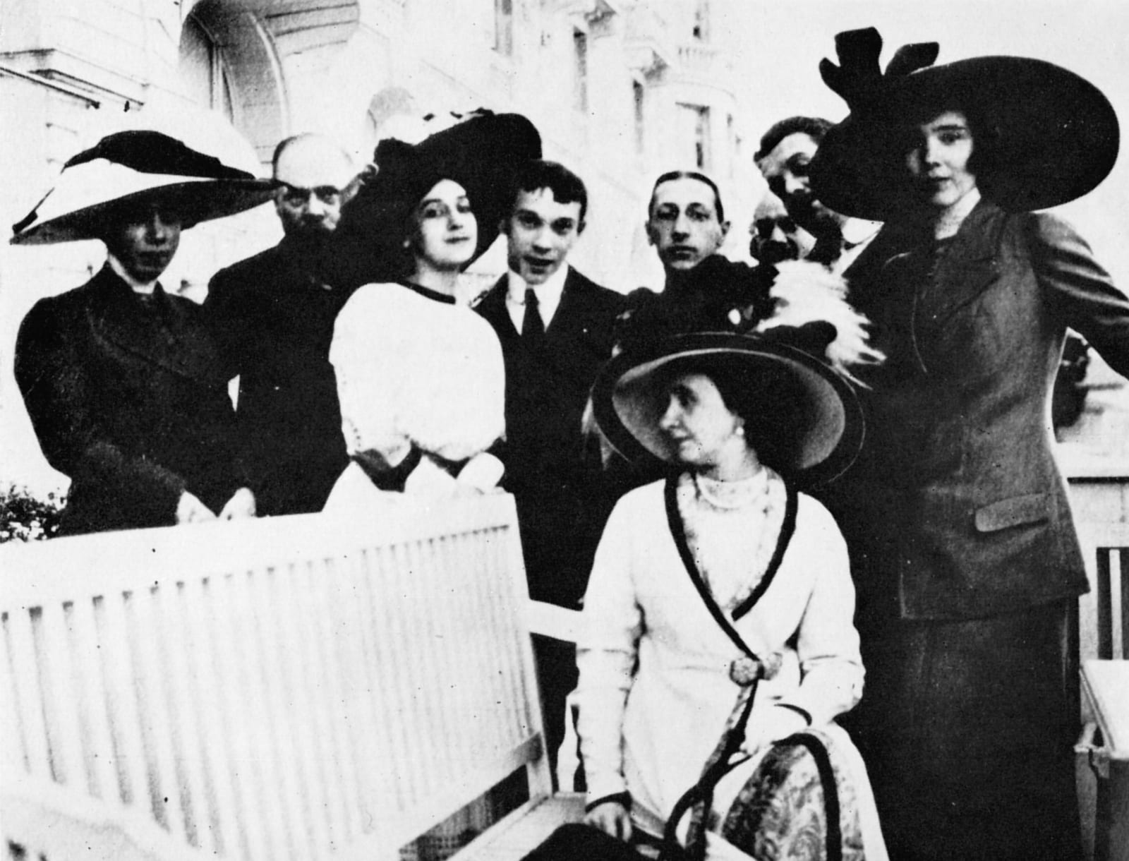 Portrait or photograph of Igor Stravinsky: Photo of group of supporters and members of the Ballets Russes taken by one of its founders, Nicolas Besobrasov, who