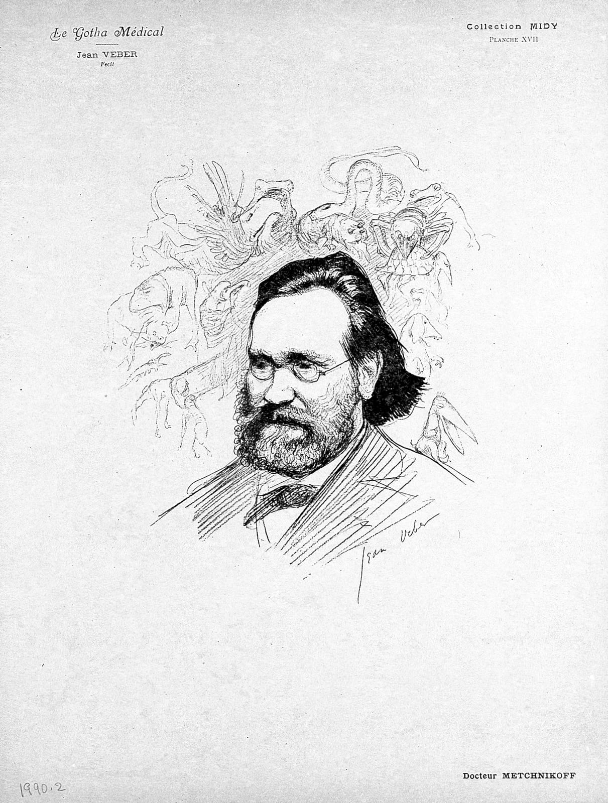 Portrait or photograph of Ilya Mechnikov: Elie Metchnikoff. Reproduction of drawing by J. Veber. Iconographic Collections Keywords: Elie Metchnikoff; Jean Veber