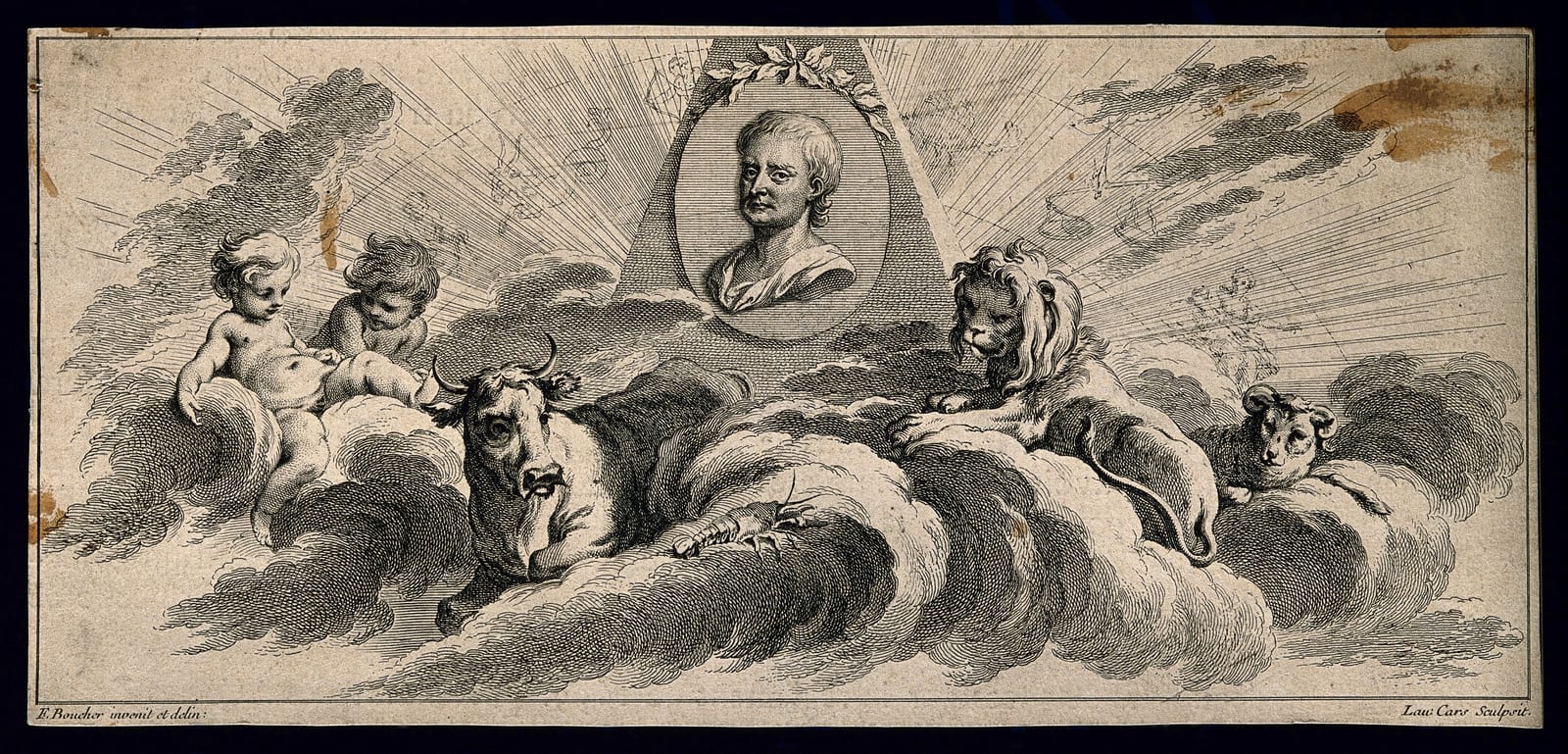 Portrait or photograph of Isaac Newton: Sir Isaac Newton. Etching by L. Cars after F. Boucher. Iconographic Collections Keywords: portrait prints; Isaac Newton;