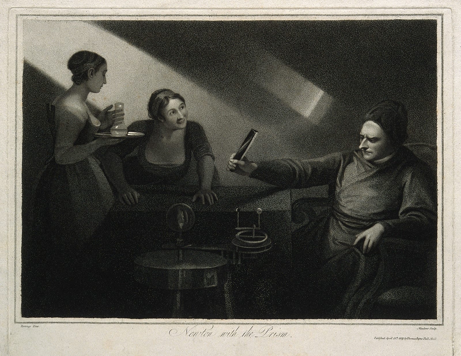 Portrait or photograph of Isaac Newton: Sir Isaac Newton. Stipple engraving by Meadows, 1809, after G. Romney, 1796. Iconographic Collections Keywords: portrait