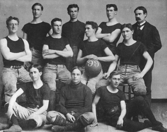 Portrait or photograph of James Naismith: First basketball team at the University of Kansas, 1899. Coach James Naismith is on the far right. Walter is 3rd from