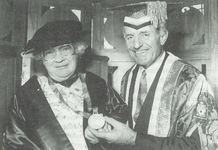 Portrait or photograph of Janet Frame: New Zealand writer Janet Frame (left), after being presented with a Massey University Medal at a ceremony on 14 October 1