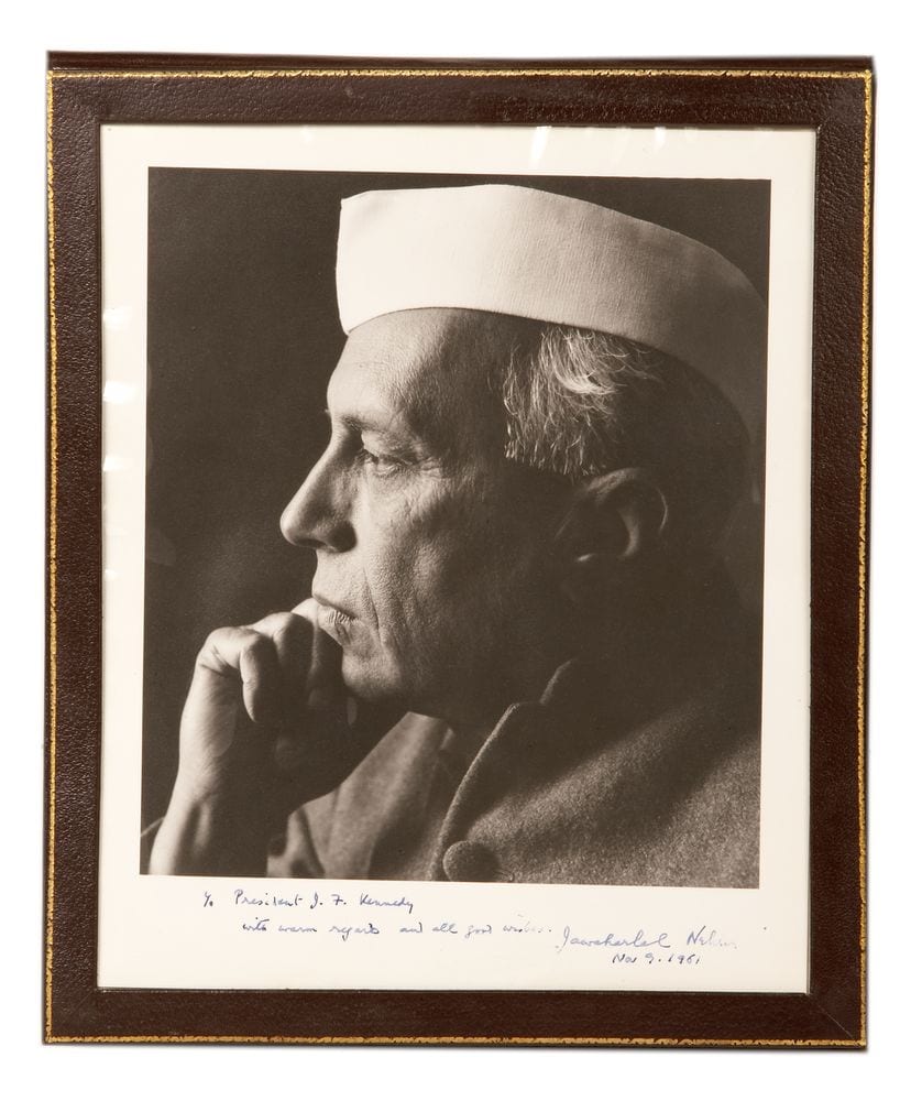 Portrait or photograph of Jawaharlal Nehru: Date(s) of Materials:November 9, 1961 Medium:Photograph, silver Dimensions:Framed: 13 1/4" x 11" Description:Black a