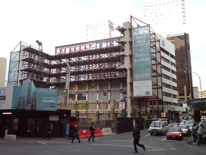 Portrait or photograph of Jean Batten: The Jean Batten building in Auckland City , New Zealand , after its almost complete demolition. Some small sections (seen