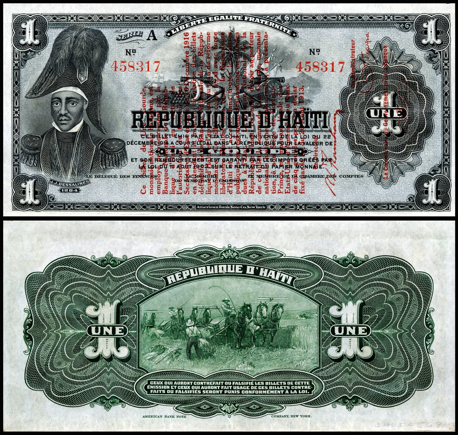 Portrait or photograph of Jean-Jacques Dessalines: Haiti, Banque Nationale De la Republique, 1 gourde (1916). Engraved by the American Bank Note Company . Depic