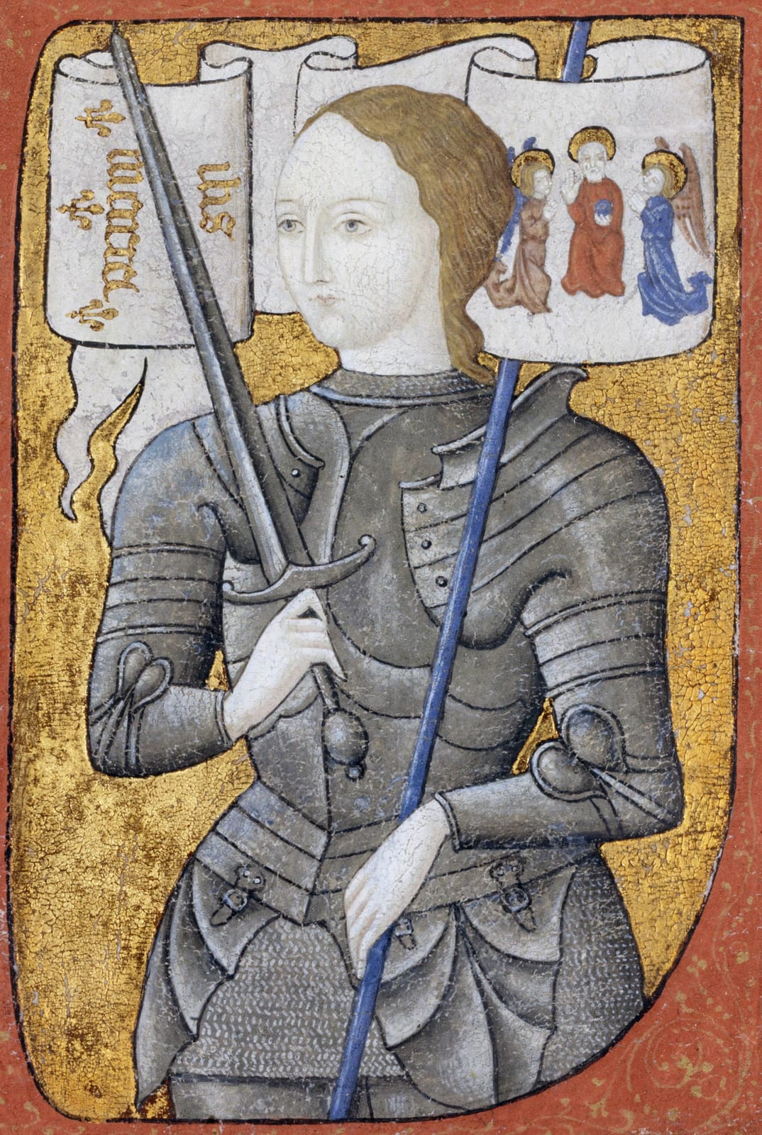 Portrait or photograph of Joan of Arc: Joan of Arc depicted in an historiated initial. Miniature probably produced in the late 19th century by an anonymous arti