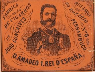Portrait or photograph of Joaquim Nabuco: Rótulo de cigarro. D. Amadeu I, Rei da Espanha. A coleção Brito Alves é composta de 1.252 rótulos de cigarros na técni