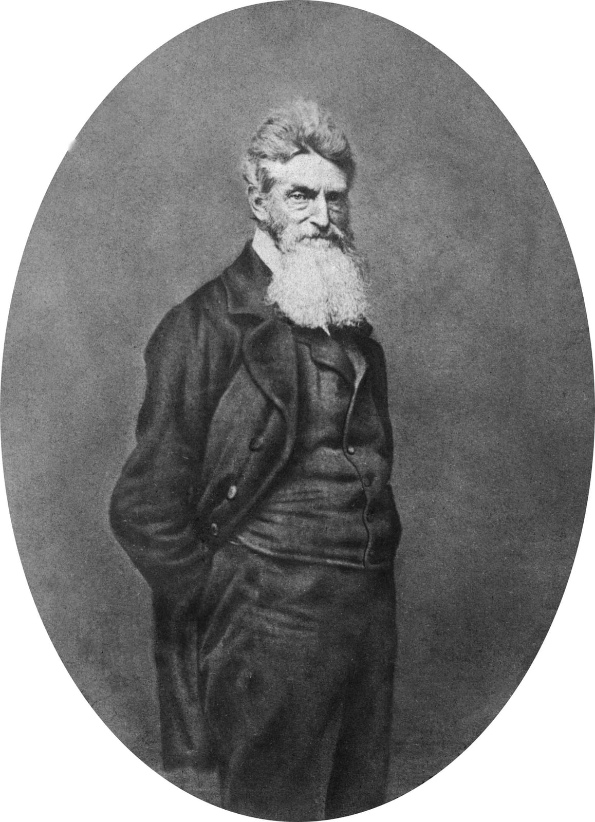 Portrait or photograph of John Brown: Salt print, three quarter length portrait of John Brown. Reproduction of daguerreotype attributed to Martin M. Lawrence.