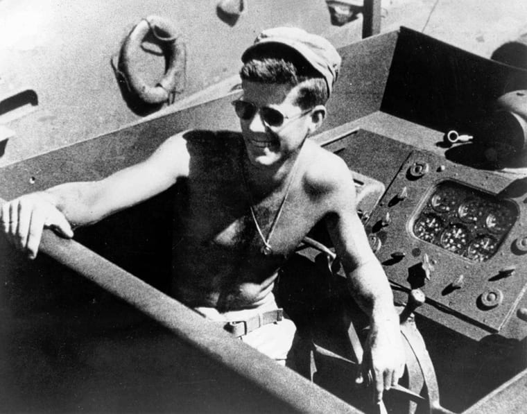 Portrait or photograph of John F. Kennedy: PC 101 Lt. (jg) John F. Kennedy aboard the PT-109, Tulagi, Solomon Islands, South Pacific, 1943.