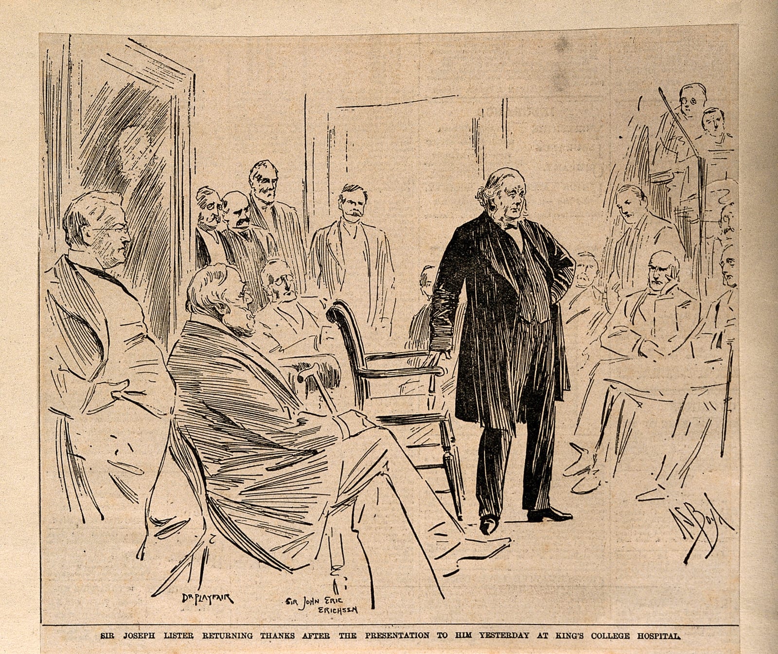 Portrait or photograph of Joseph Lister: Joseph Lister giving thanks for a testimonial and portrait presented to him at King's College Hospital, Lincoln's Inn F