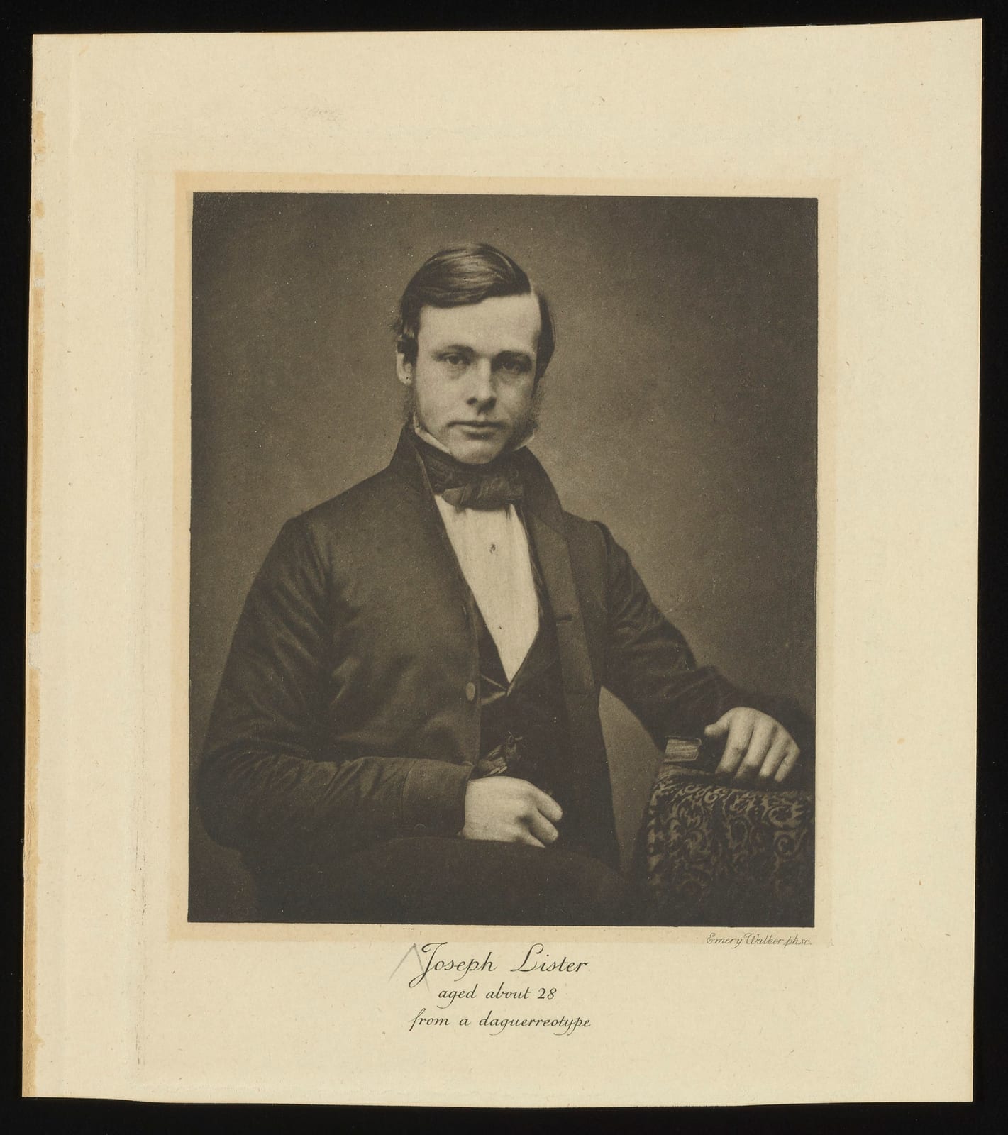 Portrait or photograph of Joseph Lister: Portrait photogravure of English surgeon and Baron Joseph Lister (1827-1912) based on a circa 1855 daguerreotype photog